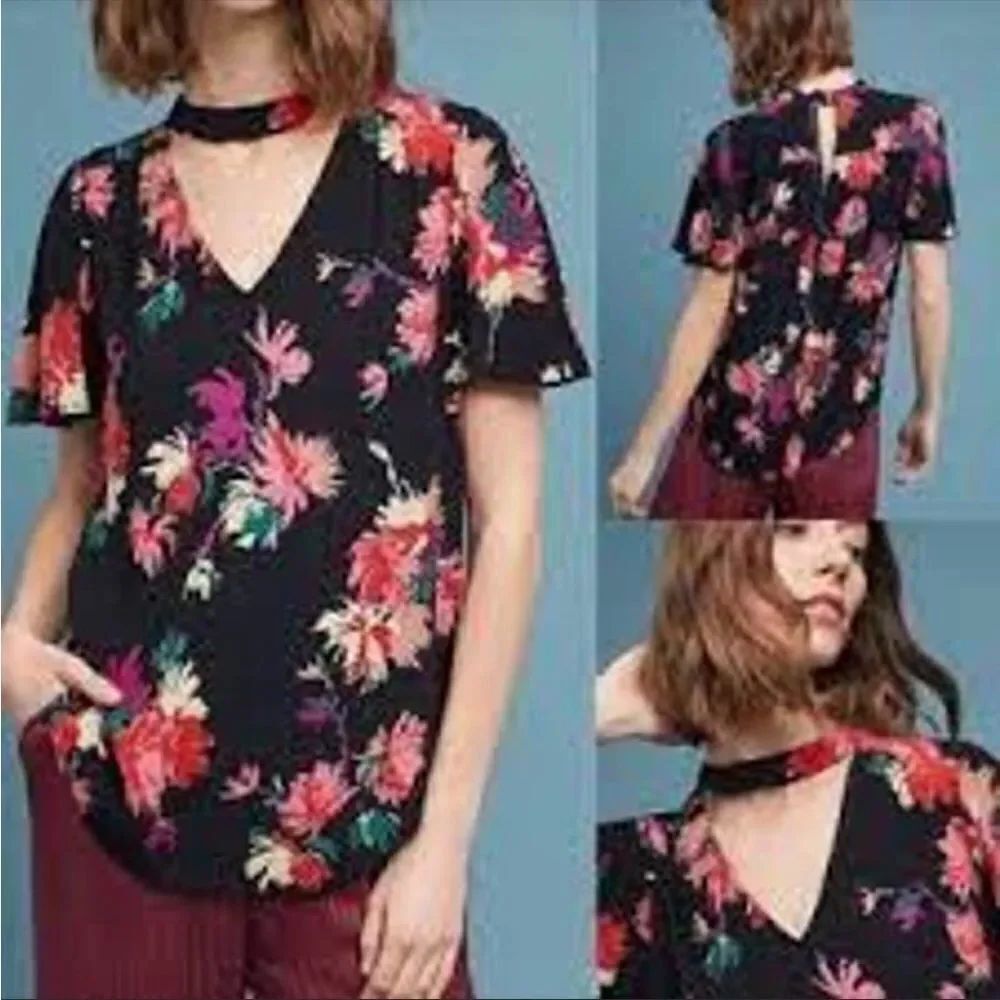 ANTHROPOLOGIE | MAEVE Bella Floral Choker Top Black Short Sleeve Women’s Size S
